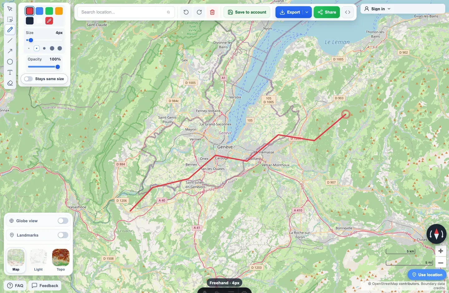 Draw on a Map editor with a route drawn across the map