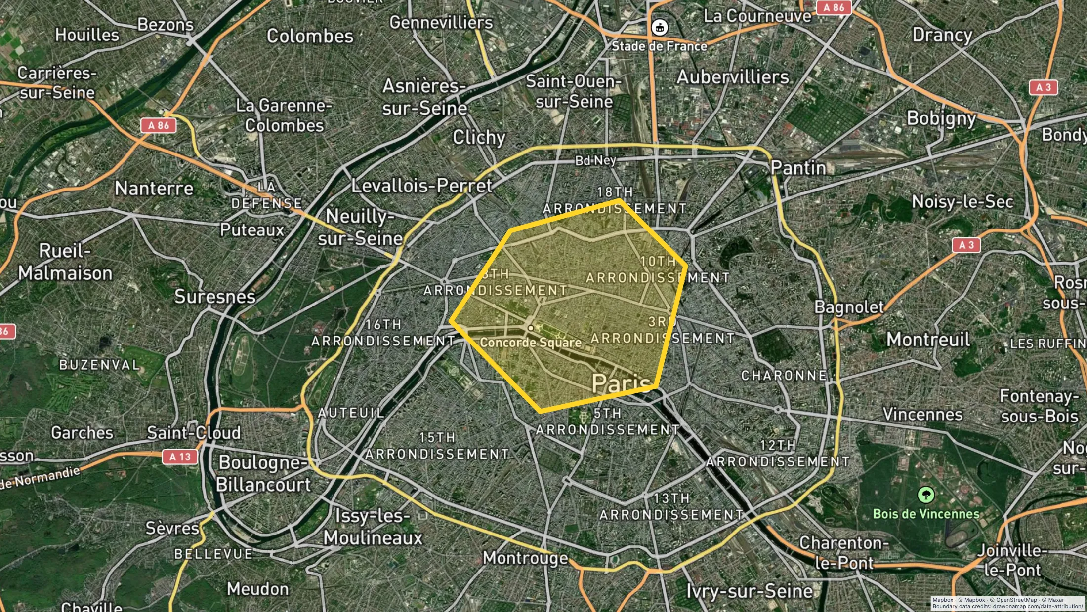 A yellow service area drawn on a satellite map of Paris