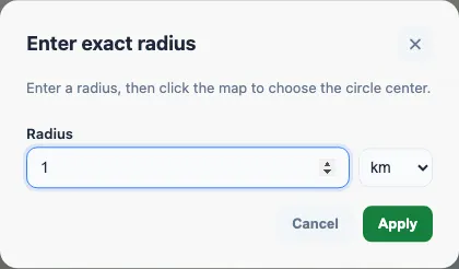 Exact radius dialog with a radius of 1 kilometer