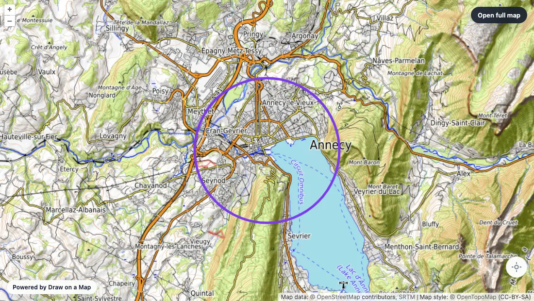 A purple circle drawn around Annecy