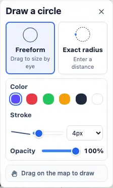 Circle tool panel with Freeform selected, color choices, stroke width, and opacity