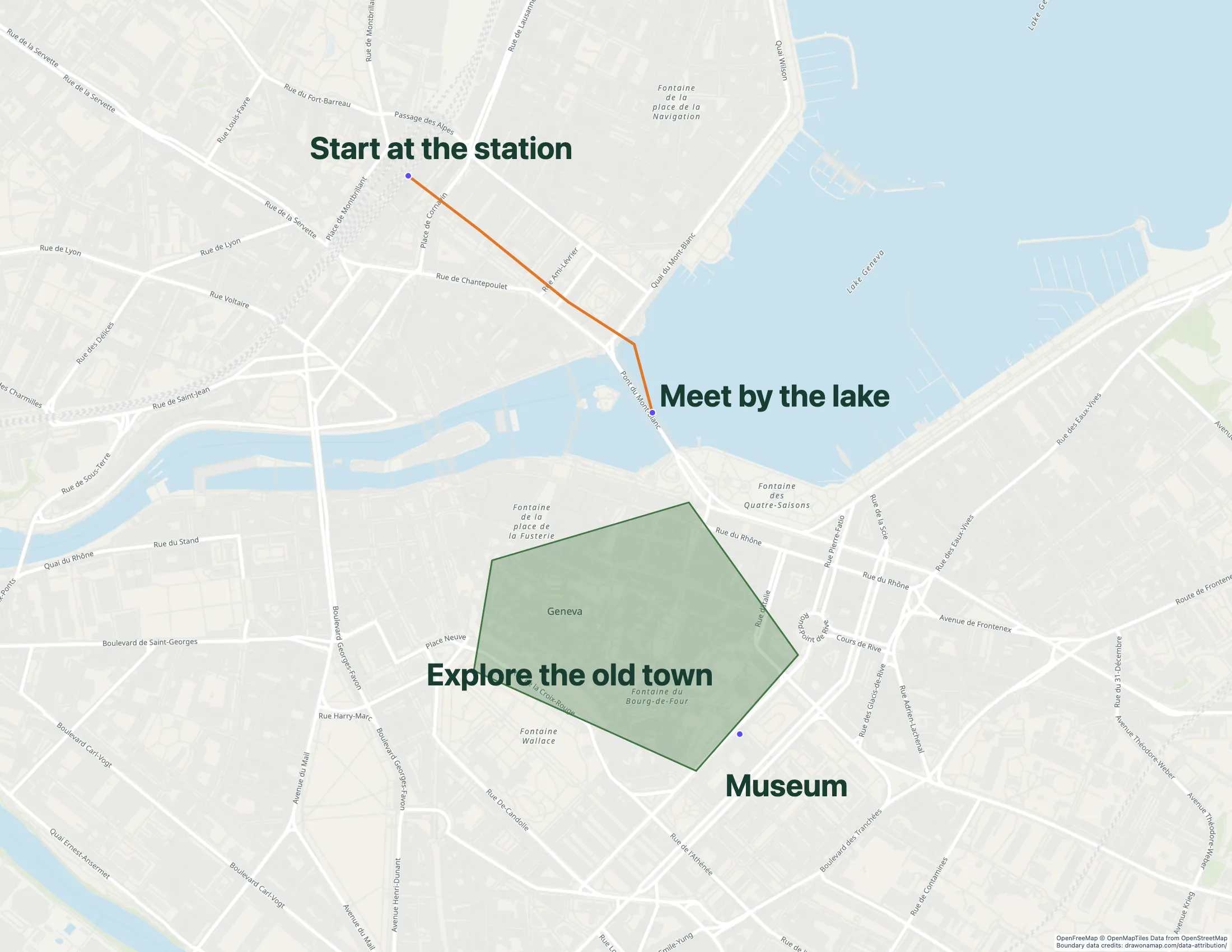 Geneva map with a walking route, marked area, and instructions beside meeting points