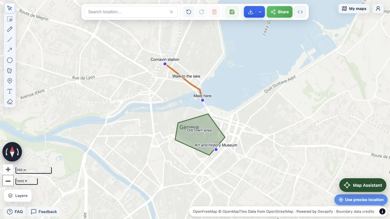 Draw on a Map editor with a route, places, and an area in Geneva