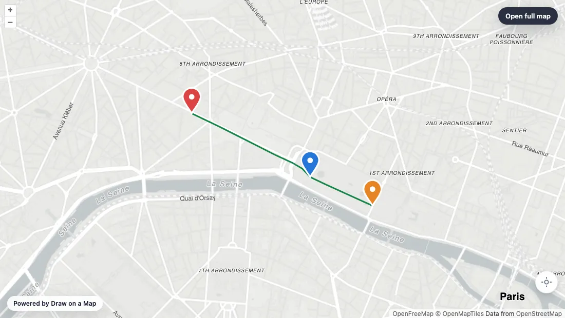 An embedded map with a walking route and stops in Paris