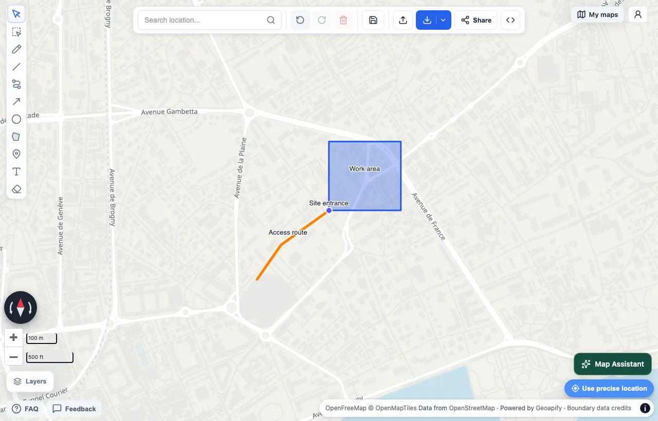 A sample KML file imported into Draw on a Map with a work area, access route, and site entrance