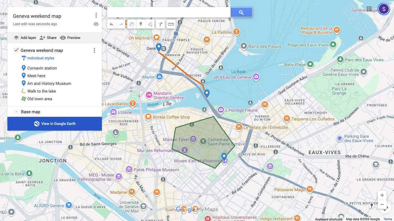 Google My Maps editor showing the same three places, route, and area imported from the Geneva KML