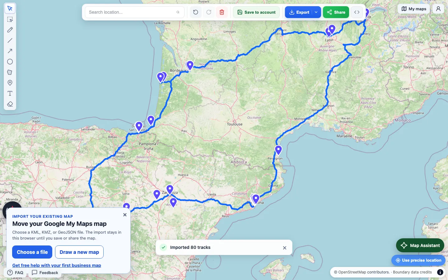 A KMZ route with markers after import into Draw on a Map