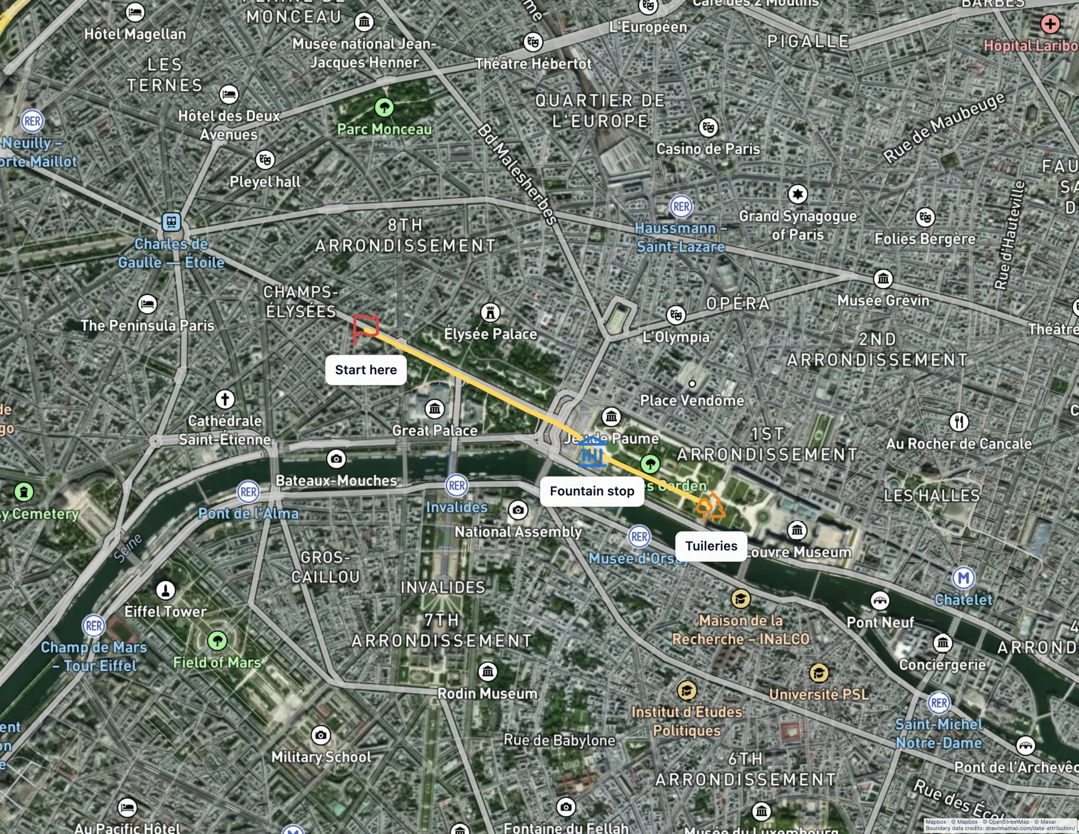 A satellite view of Paris with a drawn route and labeled stops