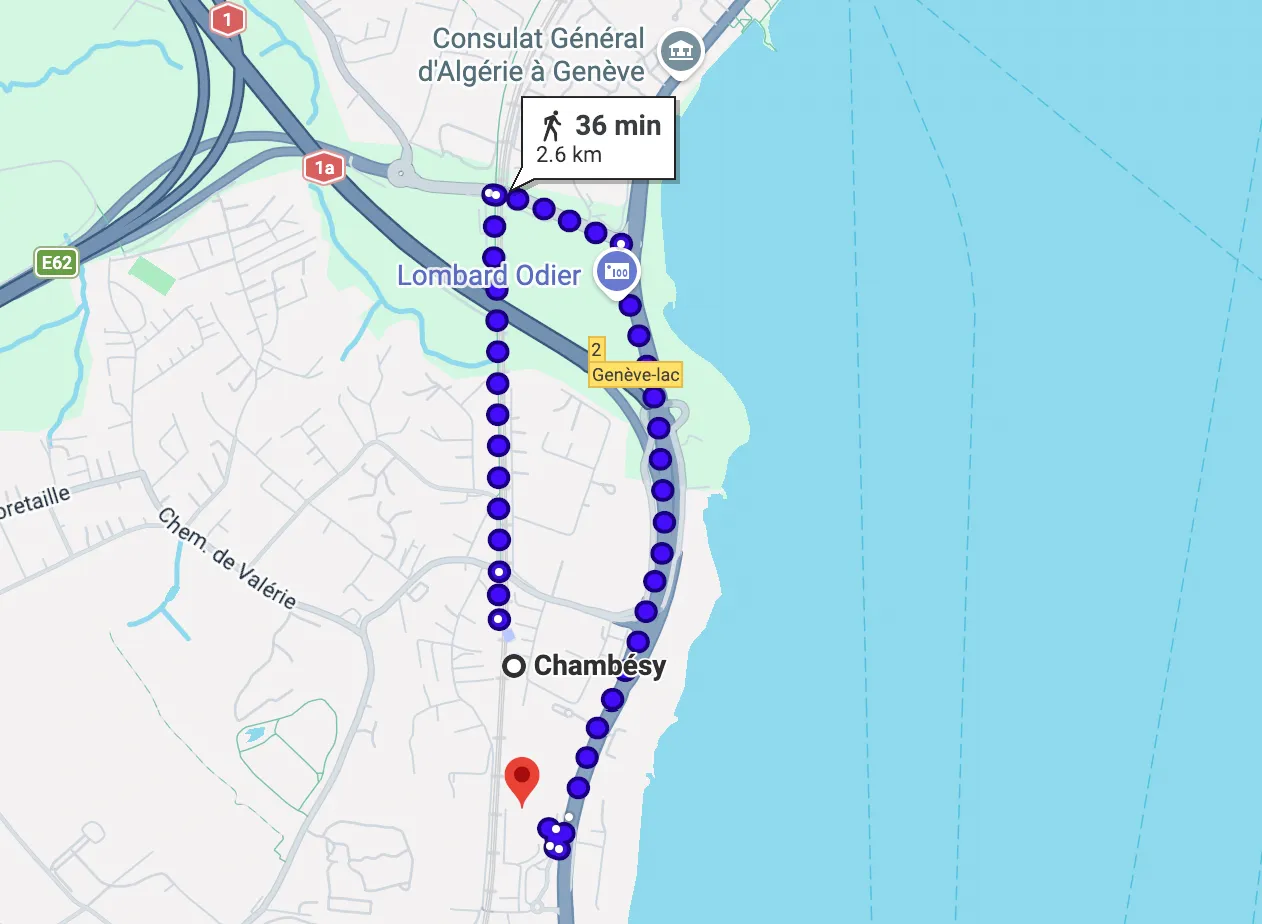 Longer walking route suggested by Google Maps near Geneva