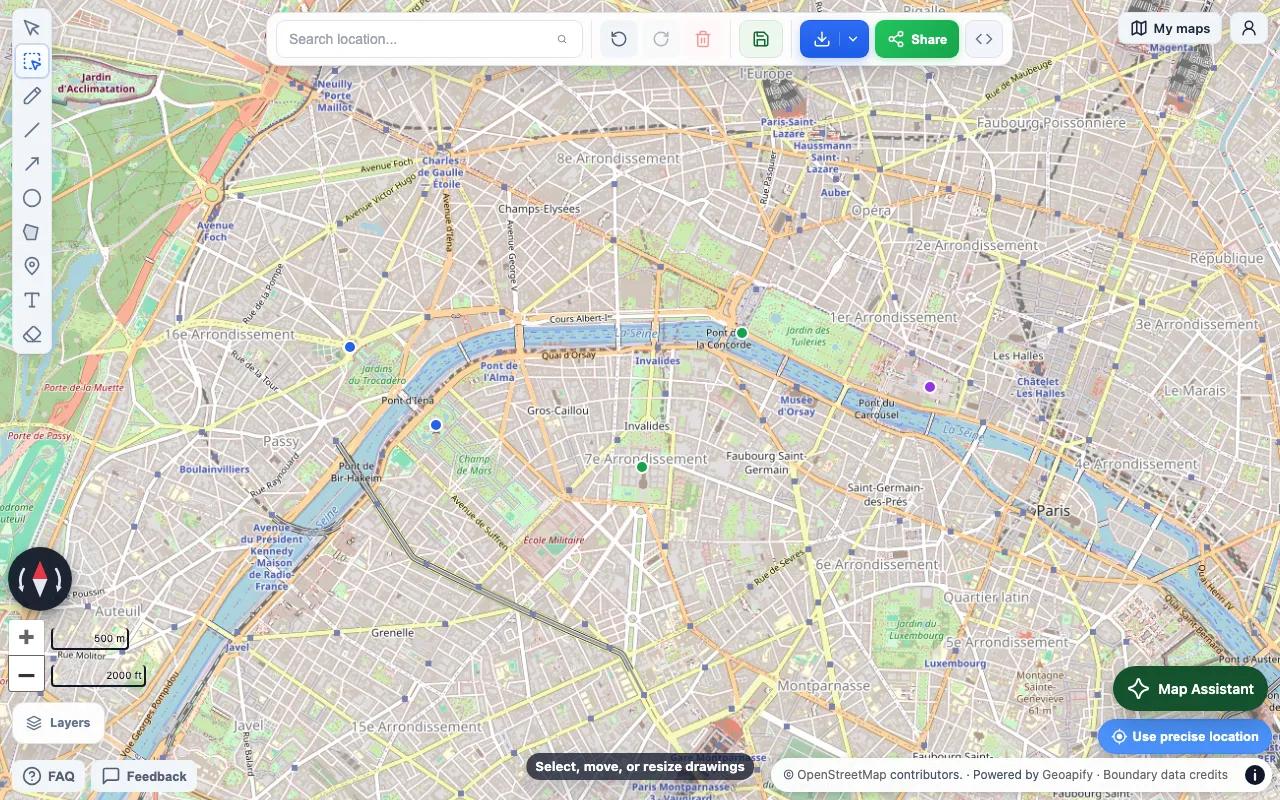 Five sample locations imported from a spreadsheet into a map of Paris