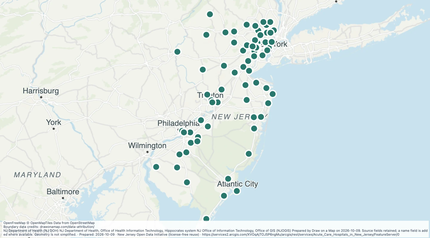 Map preview: Acute Care Hospitals in NJ — New Jersey