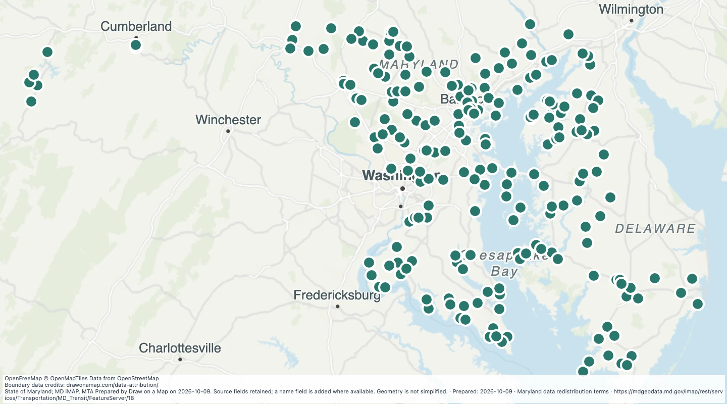 Map preview: Airports in the Maryland transit source collection