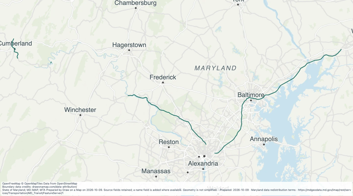 Map preview: Amtrak Rail Lines in the Maryland transit source collection