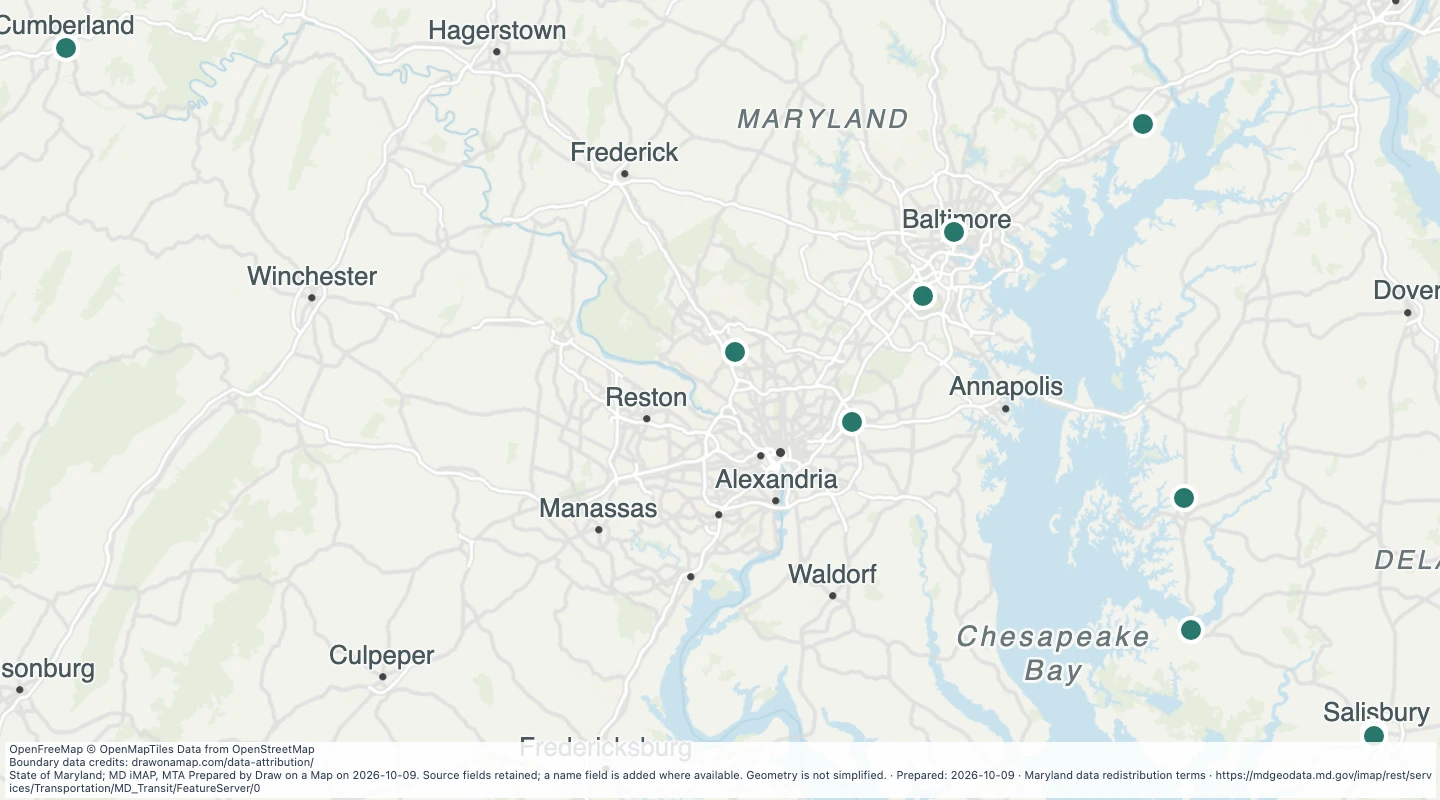 Map preview: Amtrak Rail Stops in the Maryland transit source collection