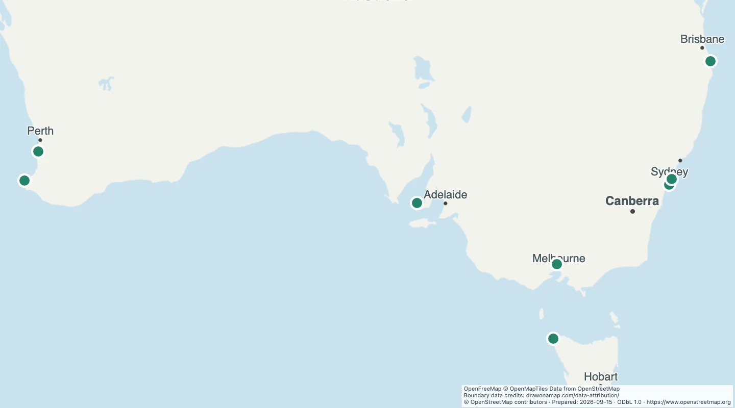 Map preview: Australia surf locations — eight OpenStreetMap records