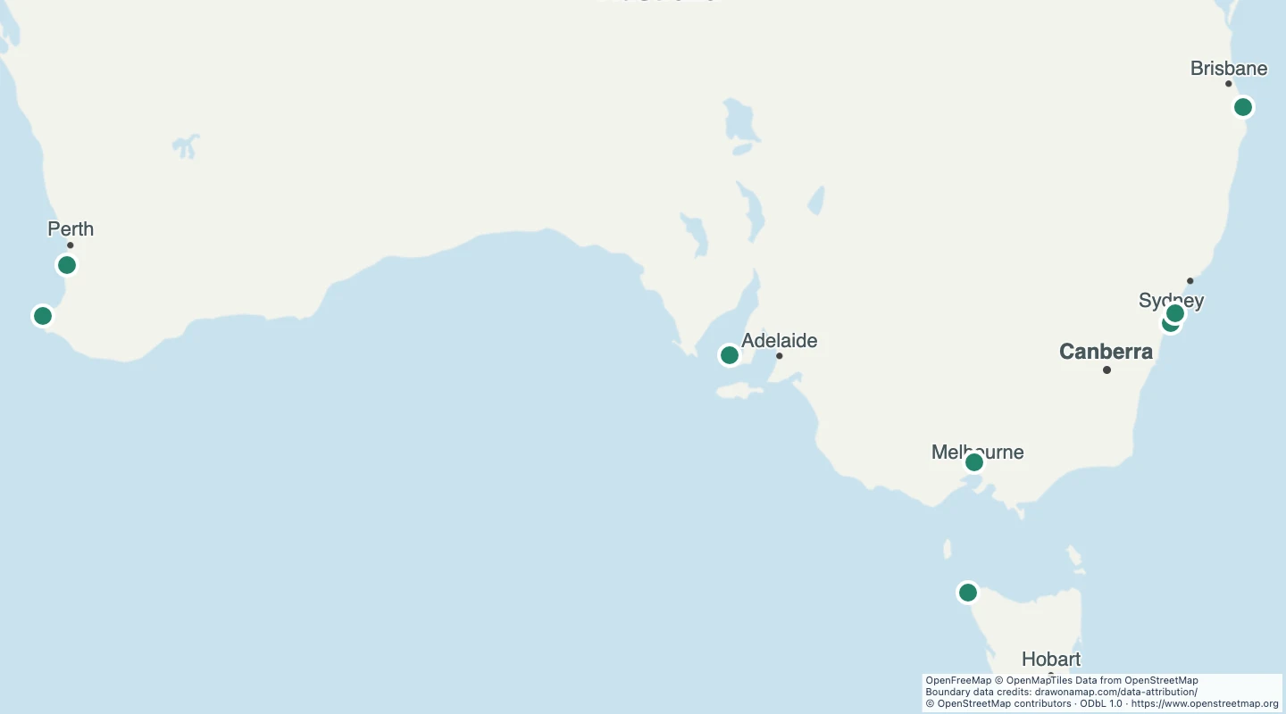 Map preview: Australia surf locations