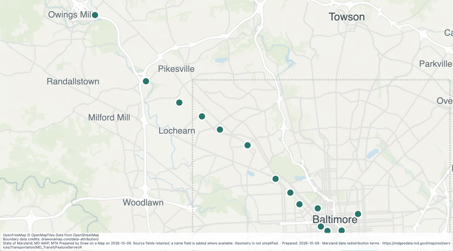 Map preview: Baltimore Metro SubwayLink Stations in the Maryland transit source collection