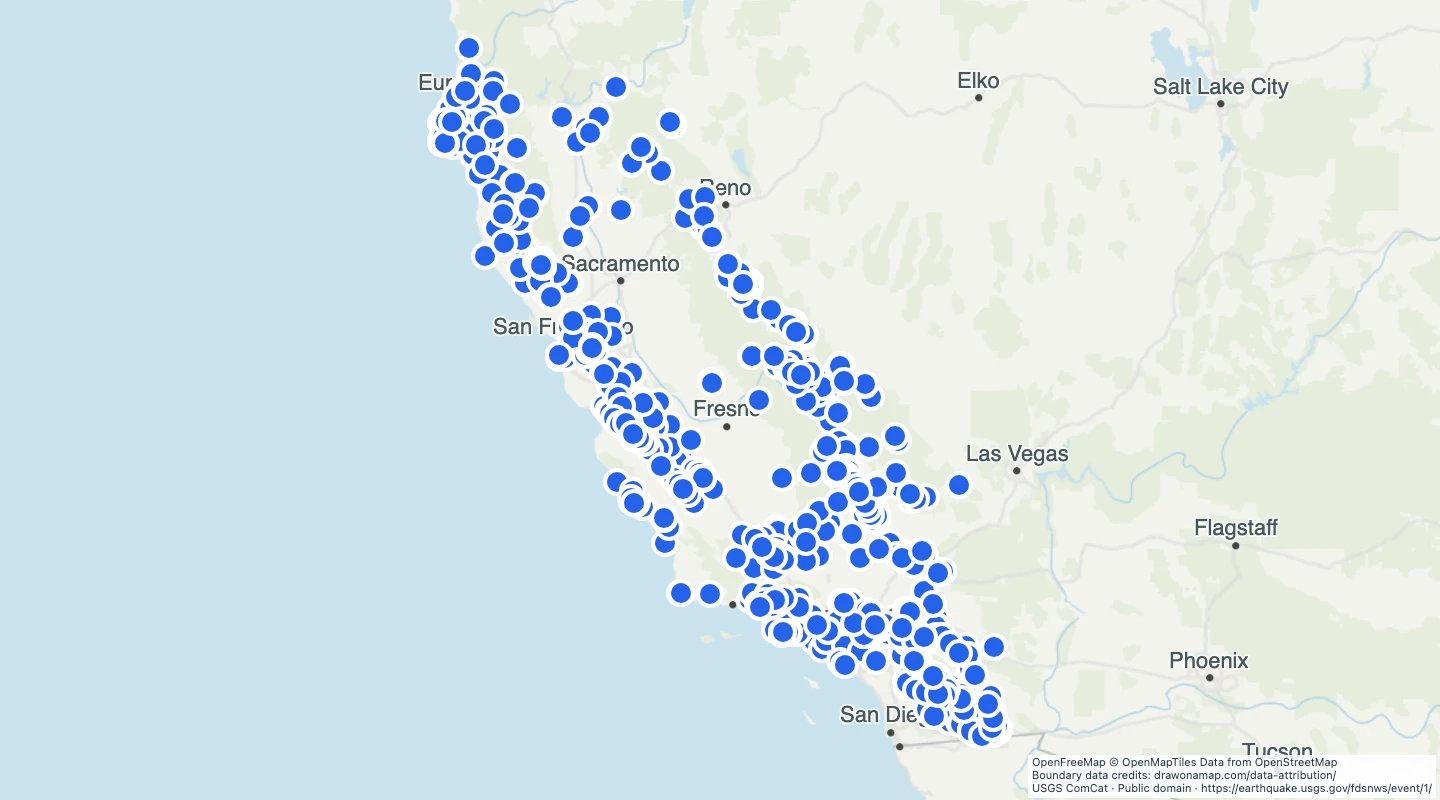 Map preview: California earthquakes of magnitude 3 to below 6, 2020–2025
