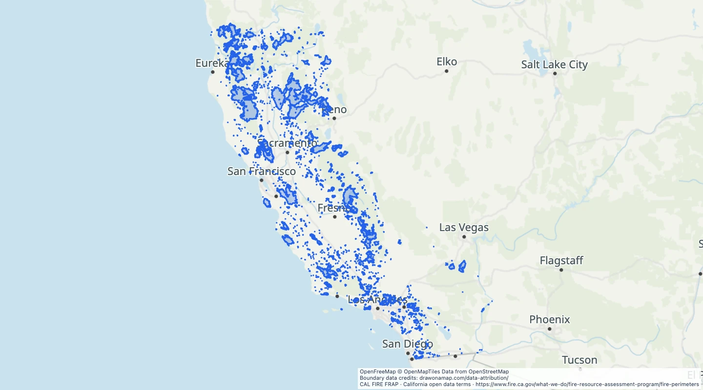 Map preview: California wildfire perimeters, 2020–2025