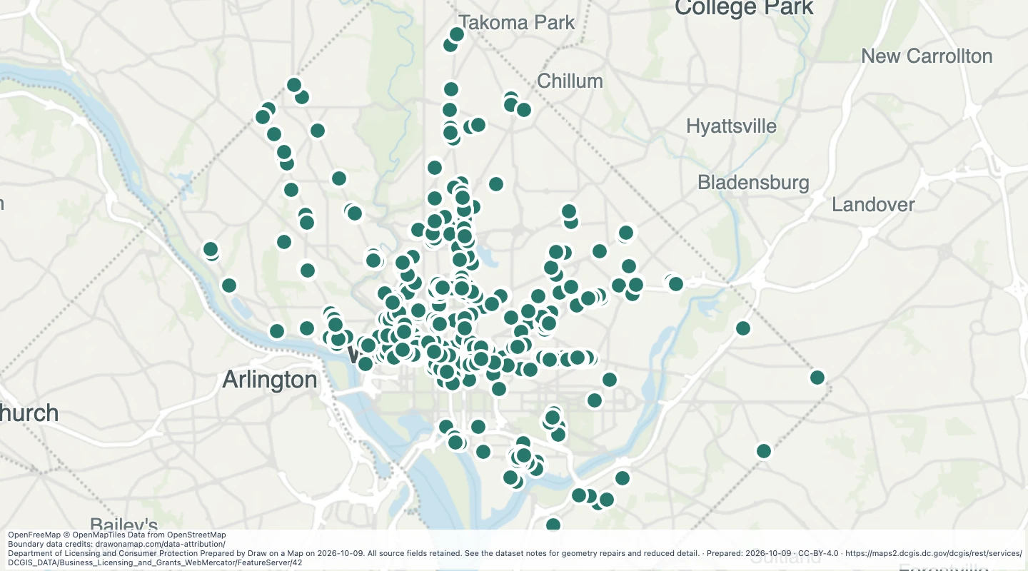 Map preview: Cancelled liquor licence locations in Washington, DC