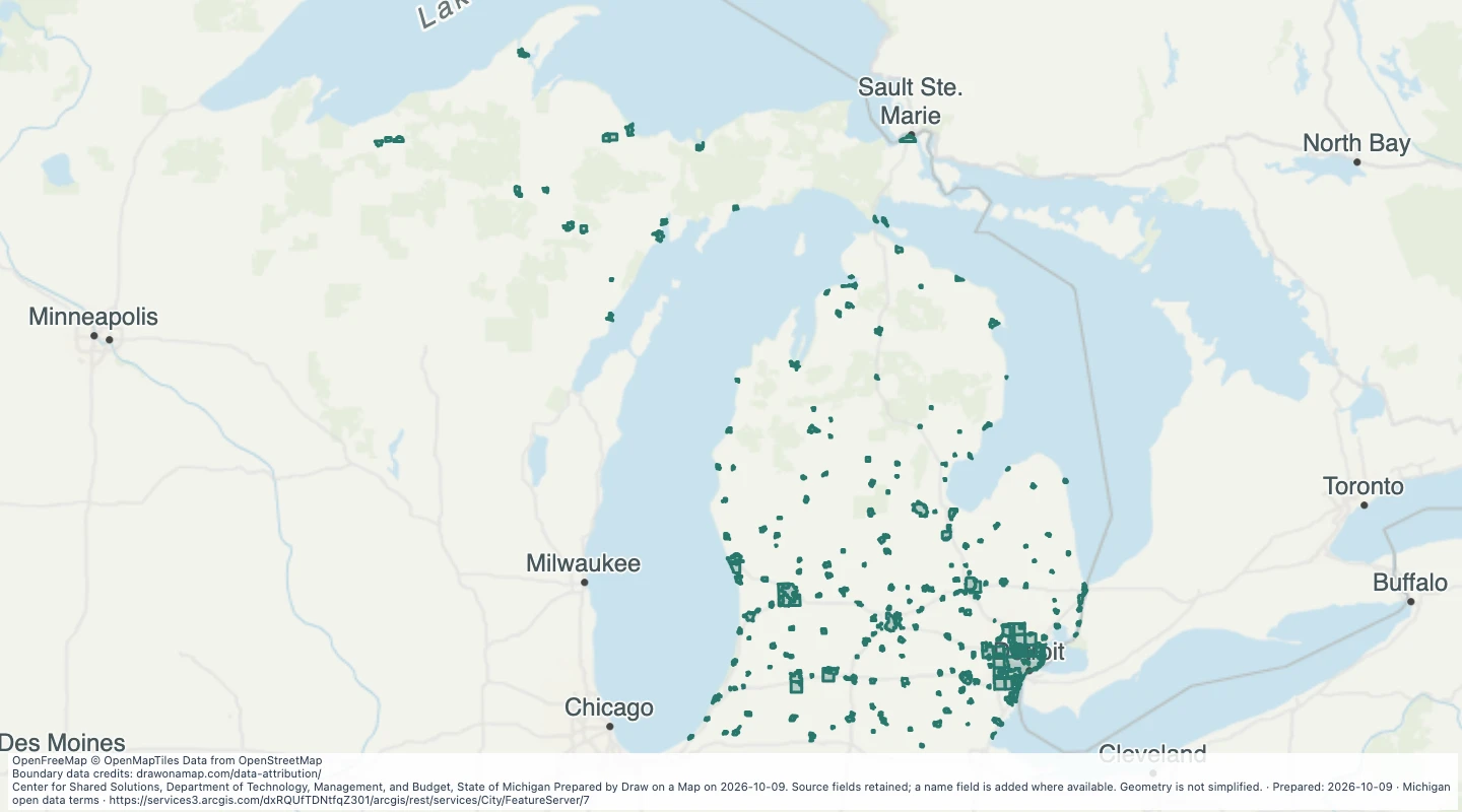Map preview: City boundaries in Michigan