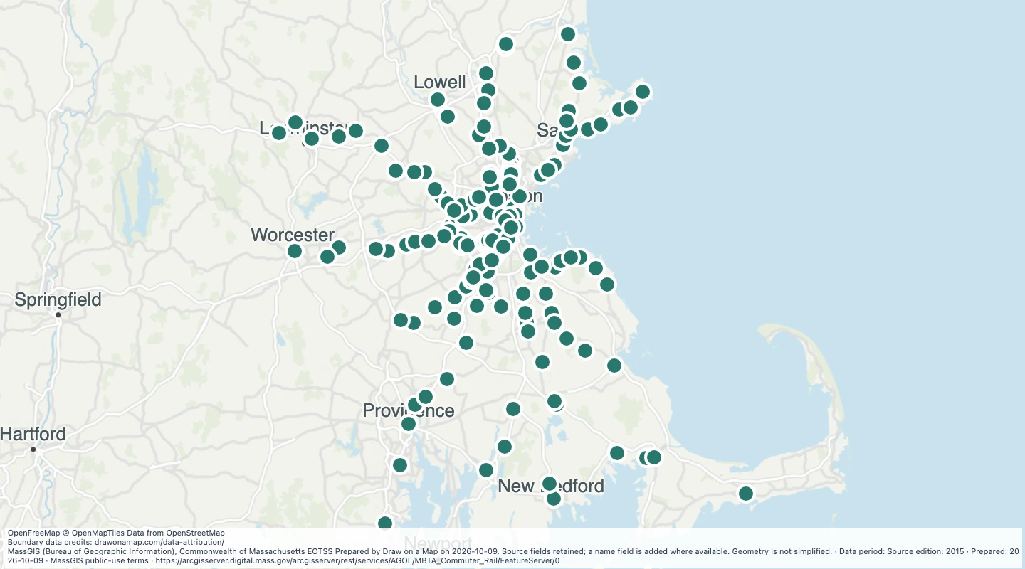 Map preview: Commuter rail stations in the Boston-area source, April 2015 — Boston-area commuter rail network