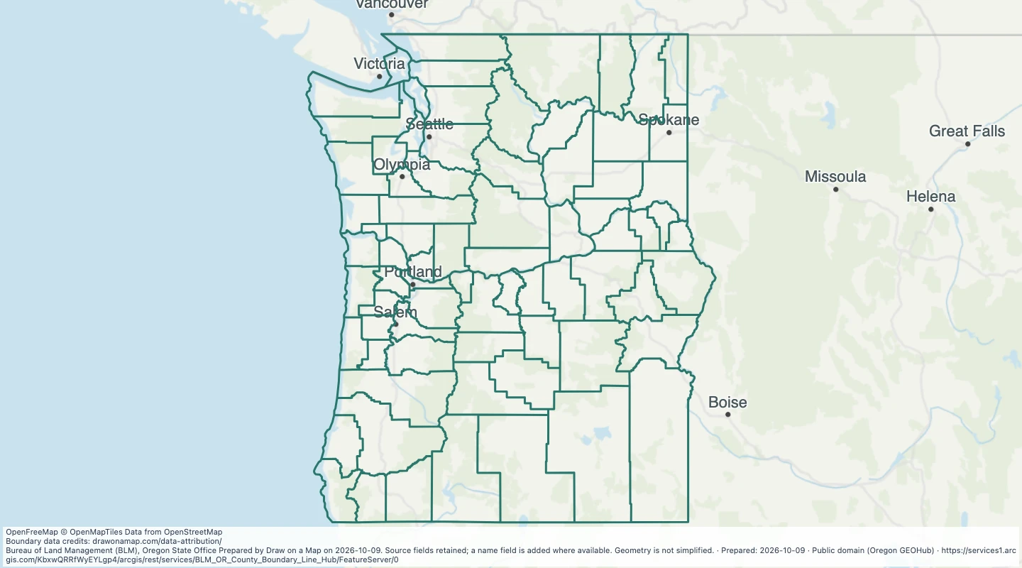 Map preview: County boundary lines in Oregon and Washington