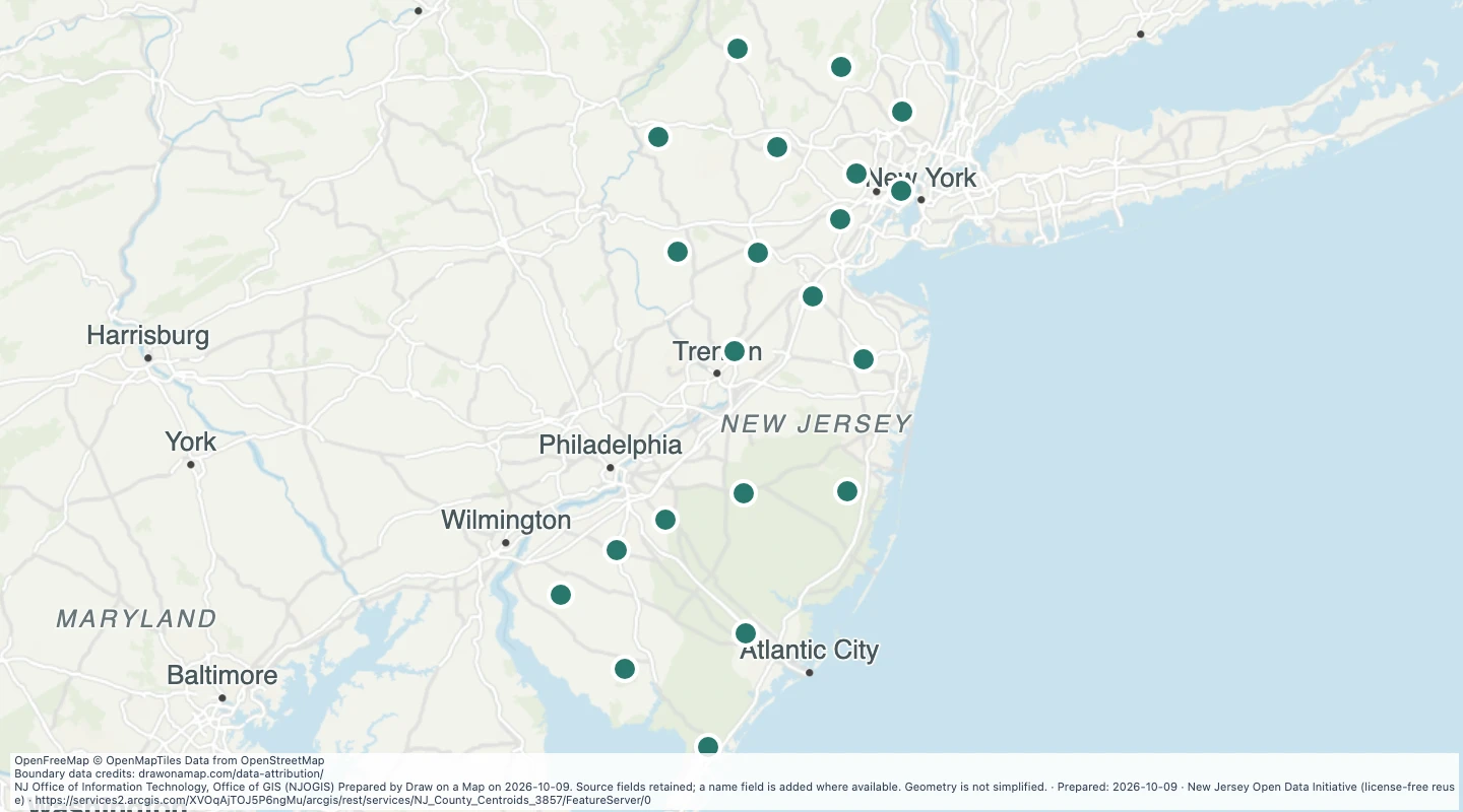 Map preview: County centre points in New Jersey