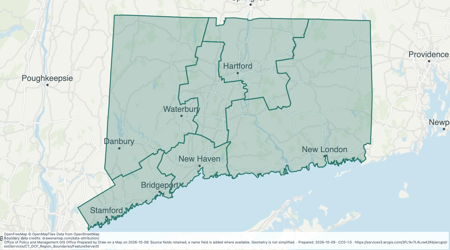 Map preview: CT DCF Region Boundaries — Connecticut
