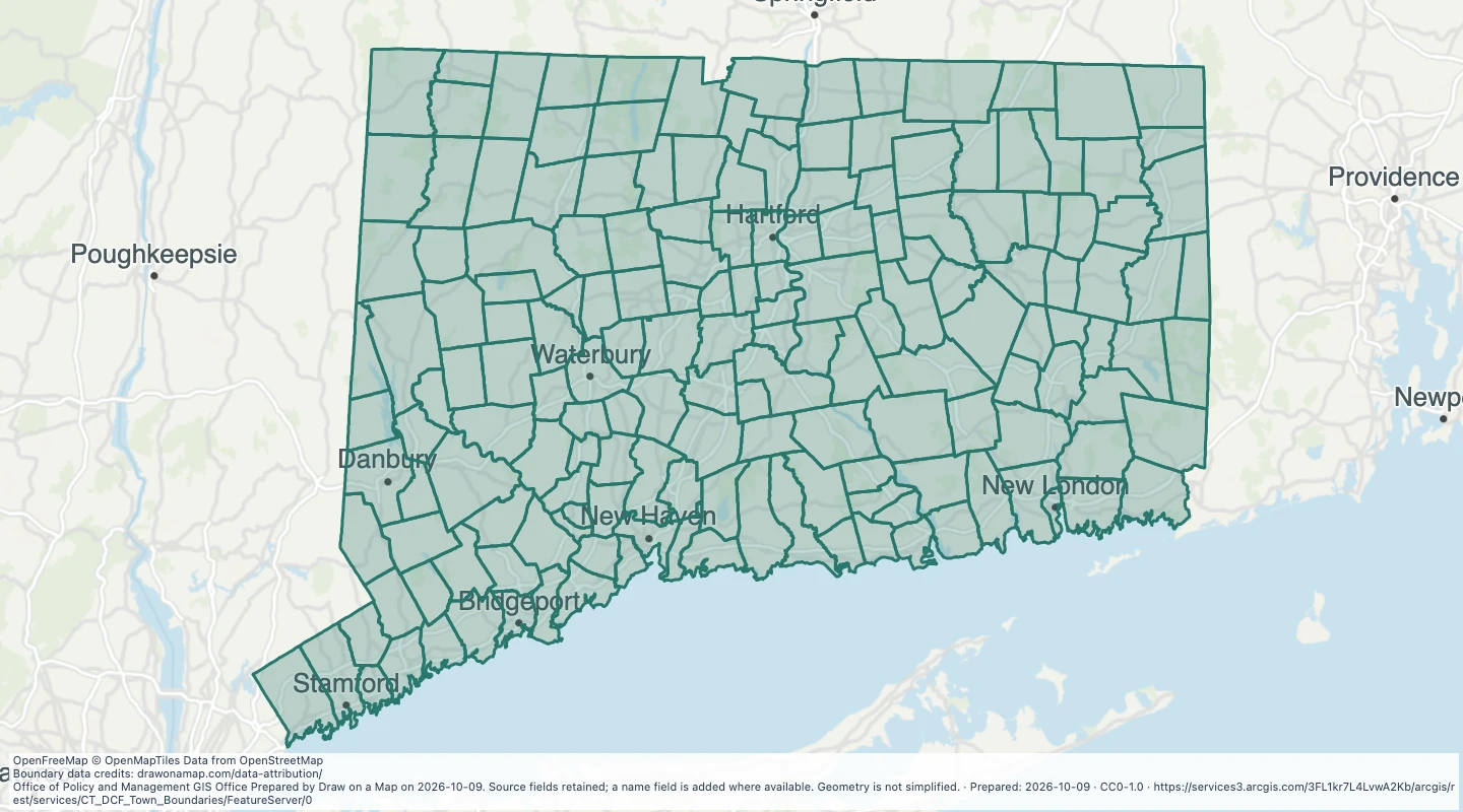 Map preview: CT DCF Town Boundaries — Connecticut