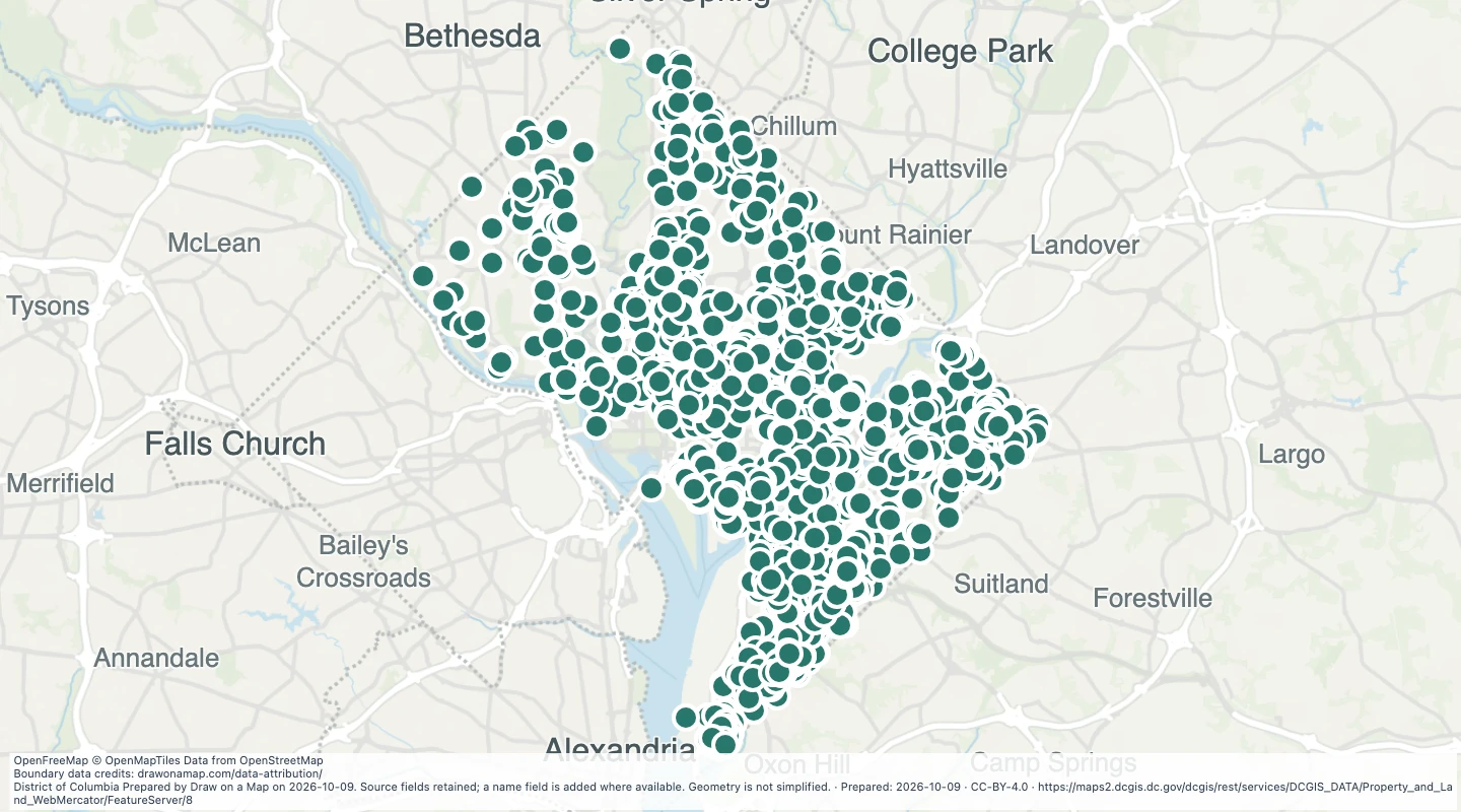 Map preview: District-owned land address points in Washington, DC