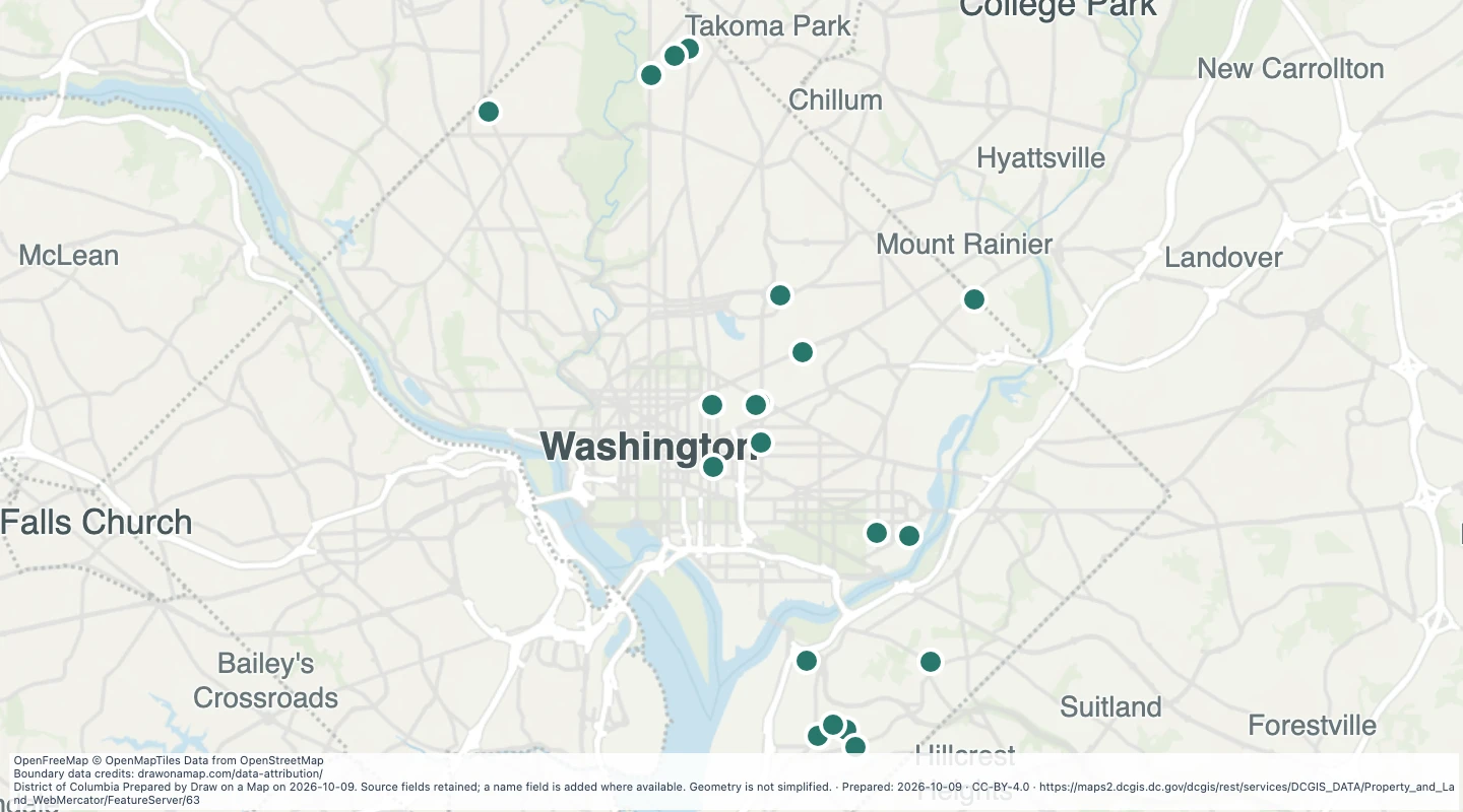 Map preview: District real estate portfolio locations in Washington, DC