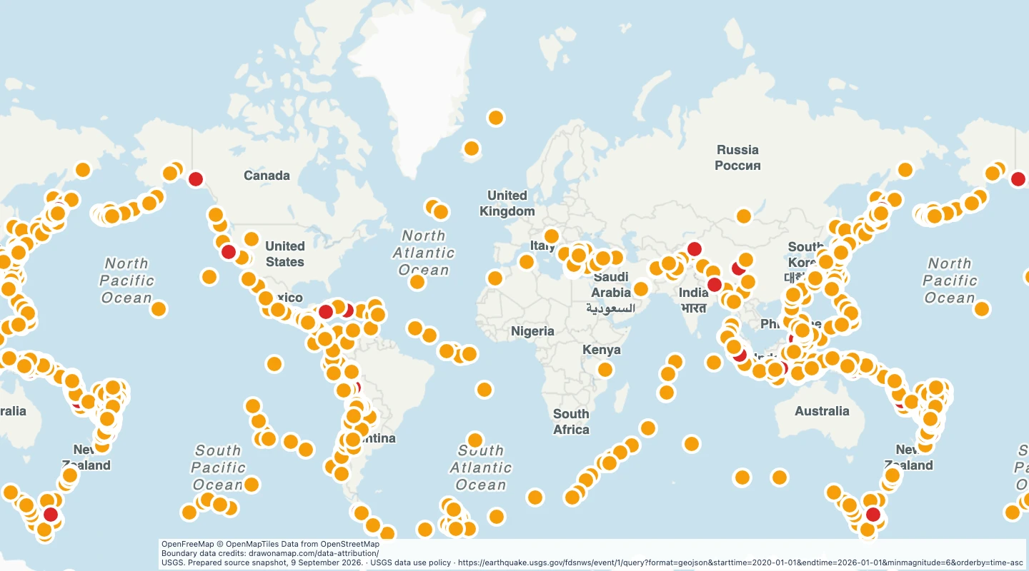Map preview: Earthquakes of magnitude 6 or above, 2020–2025