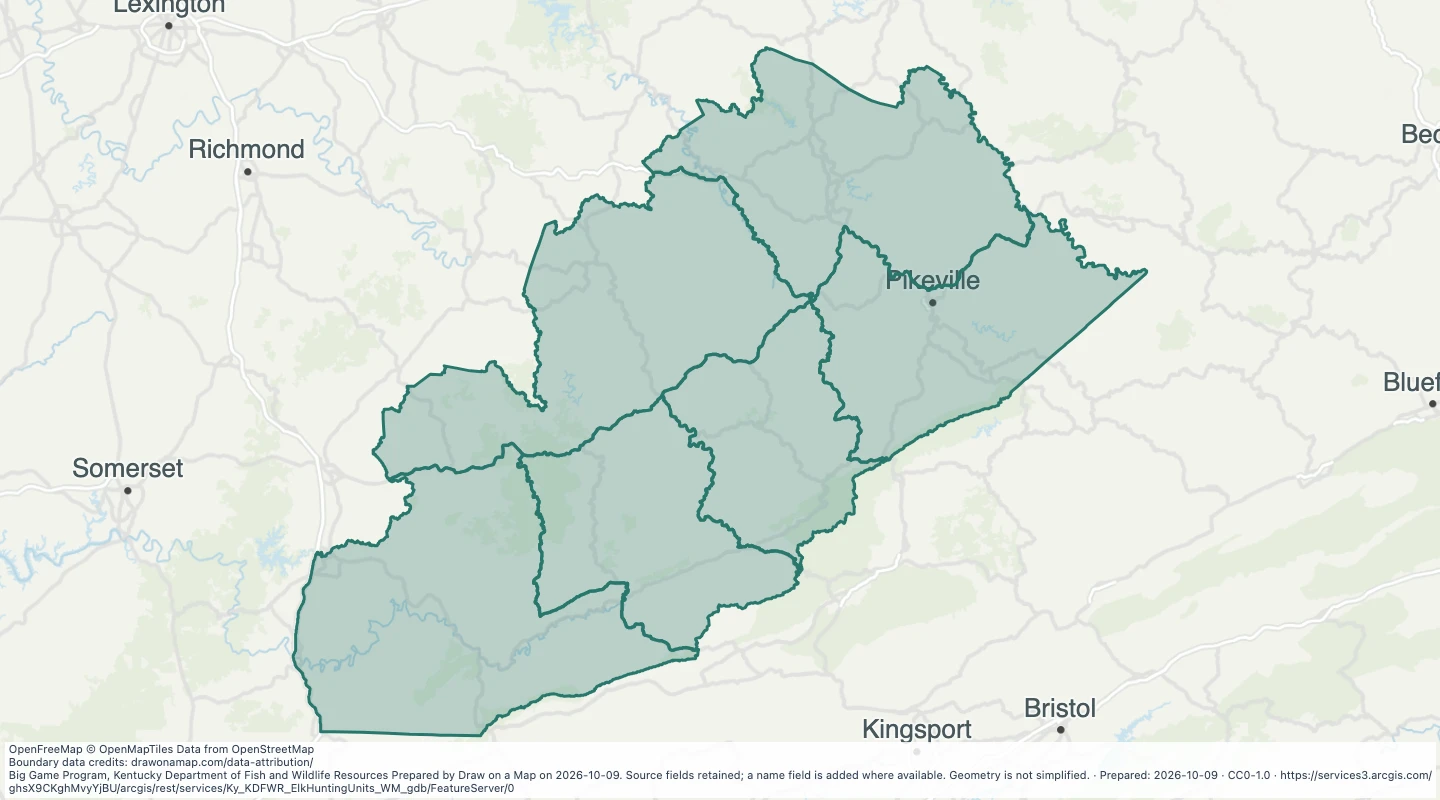 Map preview: Elk Hunting Units in Kentucky