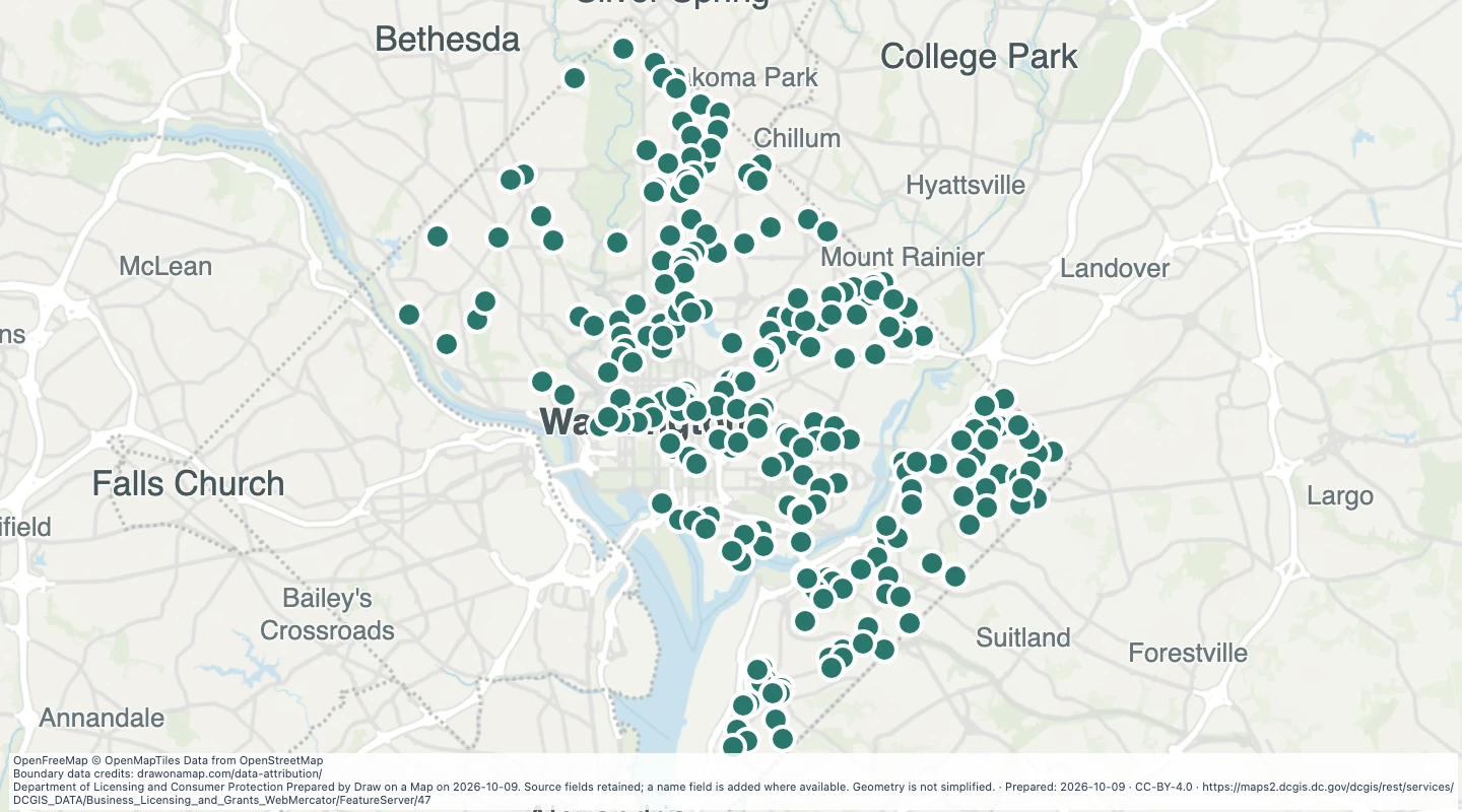 Map preview: Equity Impact Enterprise grant locations in Washington, DC