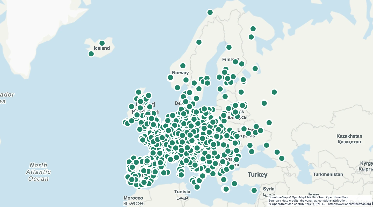 Map preview: European botanical gardens