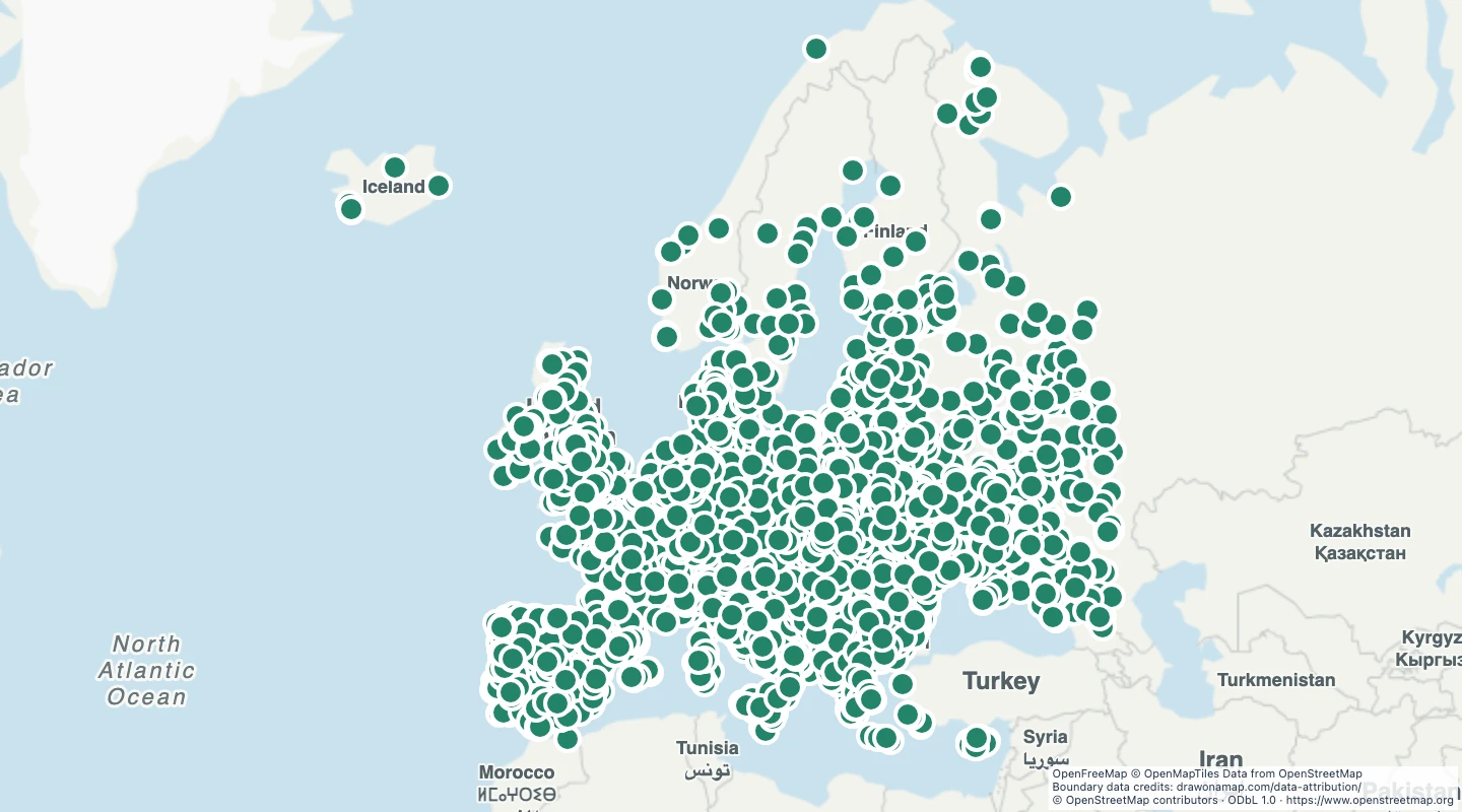 Map preview: European football stadiums