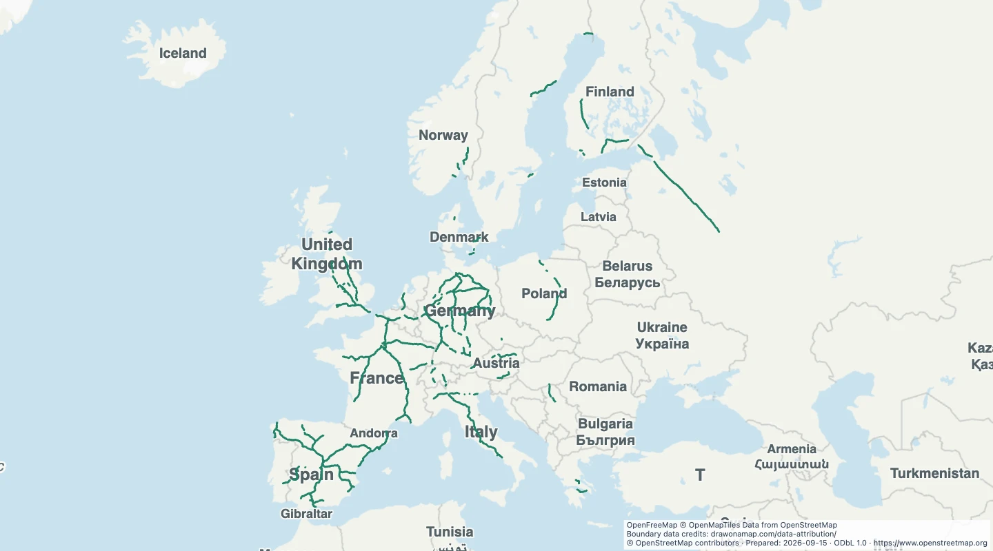 Map preview: European high-speed railway lines