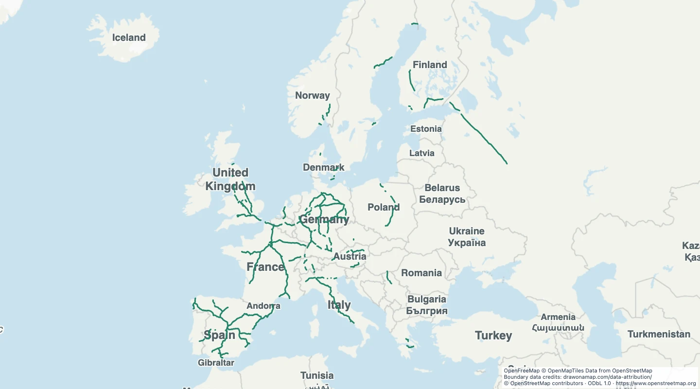 Map preview: European high-speed railway lines