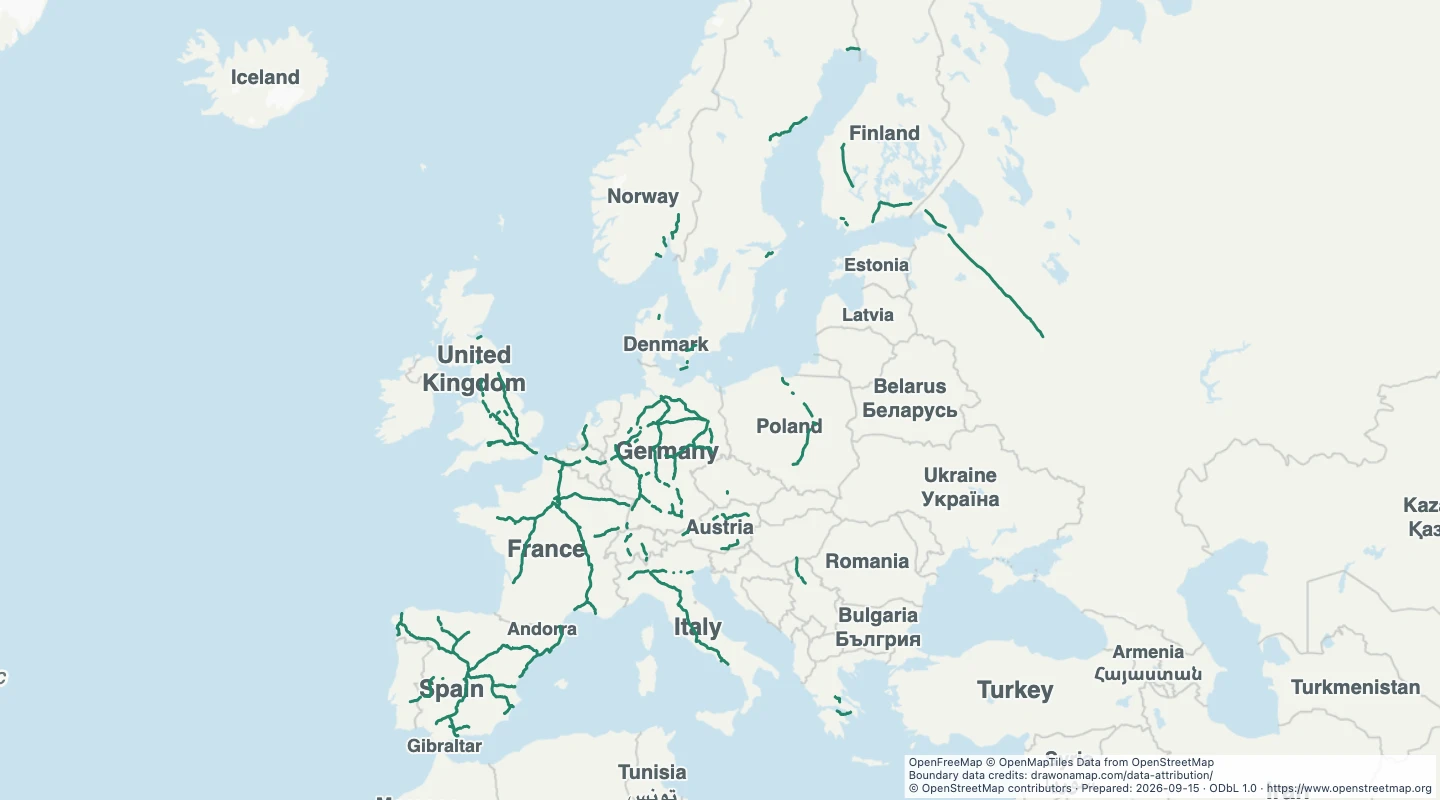Map preview: European high-speed railway lines