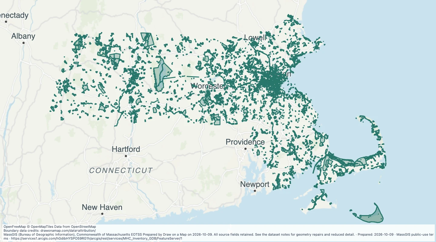 Map preview: Historic asset inventory areas in Massachusetts