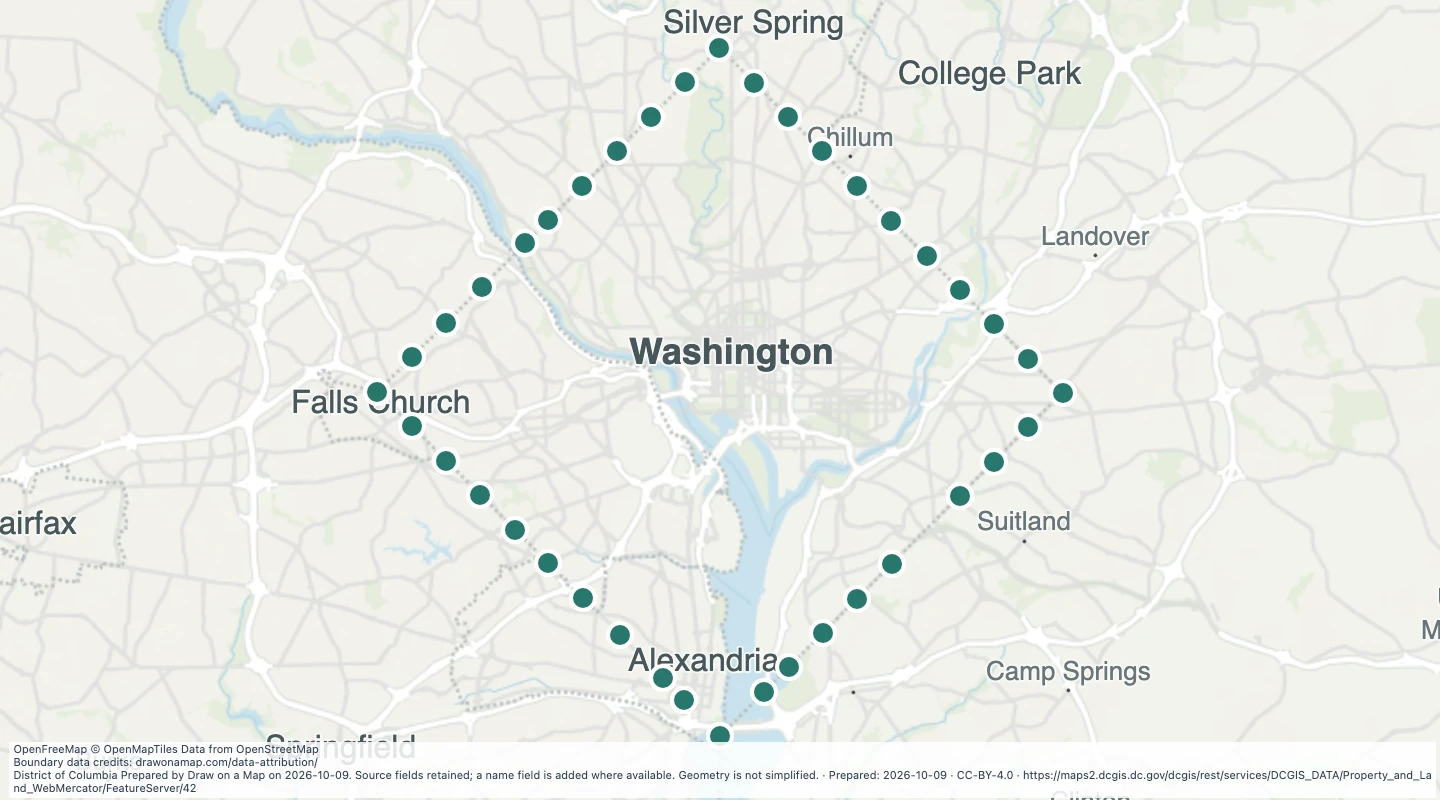 Map preview: Historic Washington, DC boundary stones — Washington, DC and original district boundary