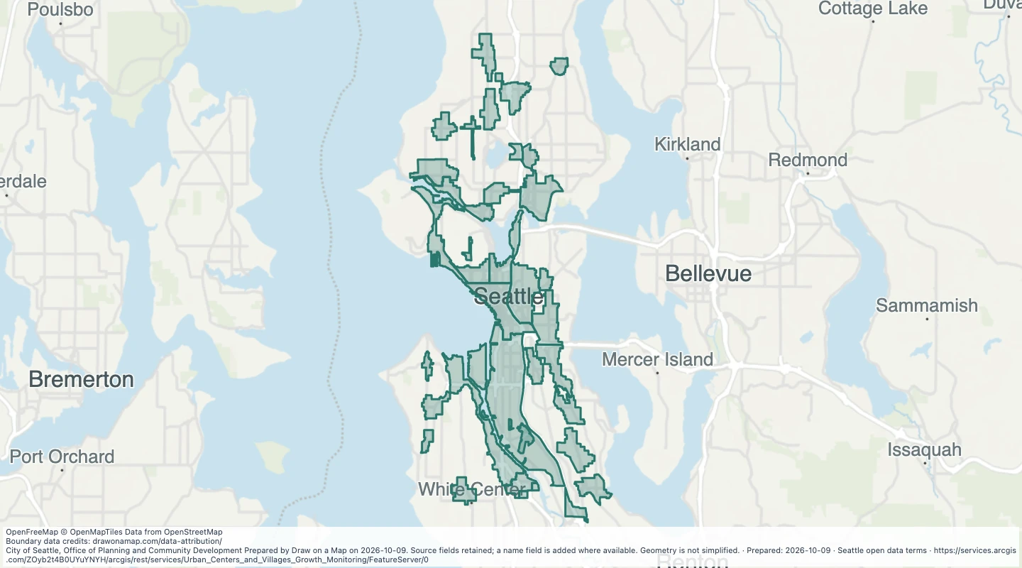 Map preview: Historical urban centre and village growth monitoring areas in Seattle
