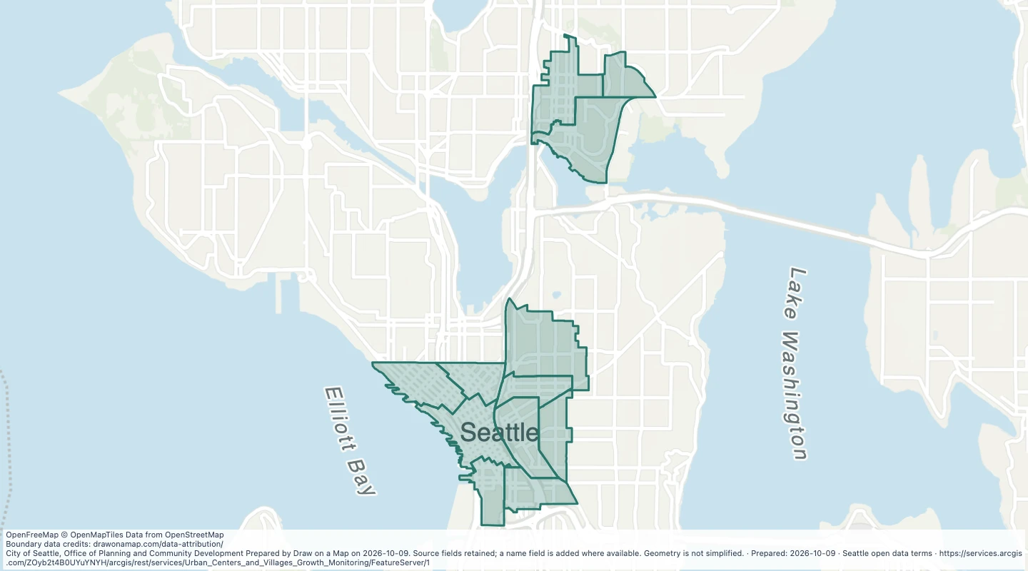 Map preview: Historical urban centre neighbourhood monitoring areas in Seattle
