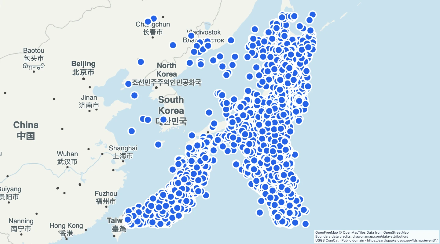 Map preview: Japan earthquakes of magnitude 4 to below 6, 2020–2025