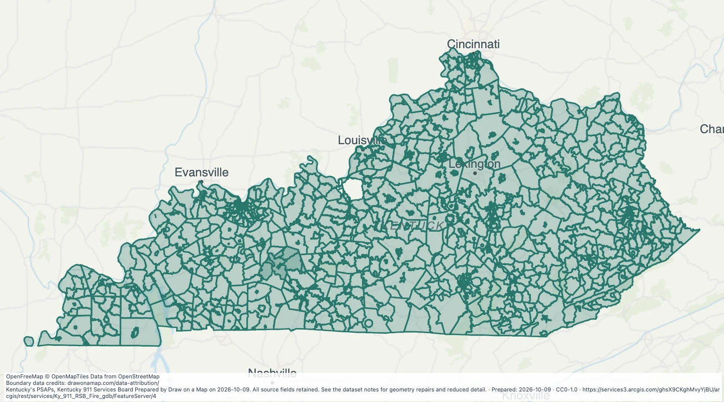 Map preview: Kentucky 911 Fire Response Service Boundaries