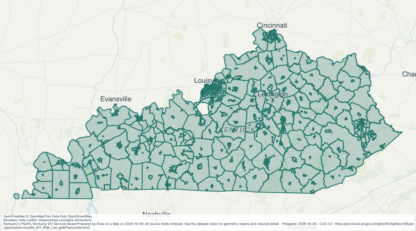 Map preview: Kentucky 911 Law Enforcement Response Service Boundaries