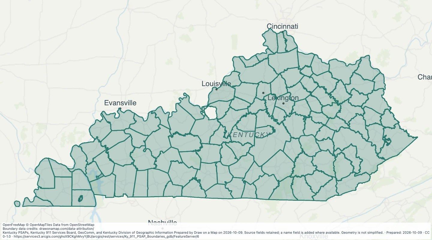 Map preview: Kentucky 911 PSAP Boundaries
