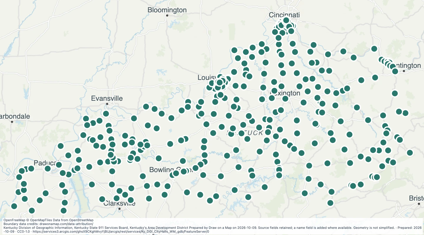 Map preview: Kentucky City Hall Locations