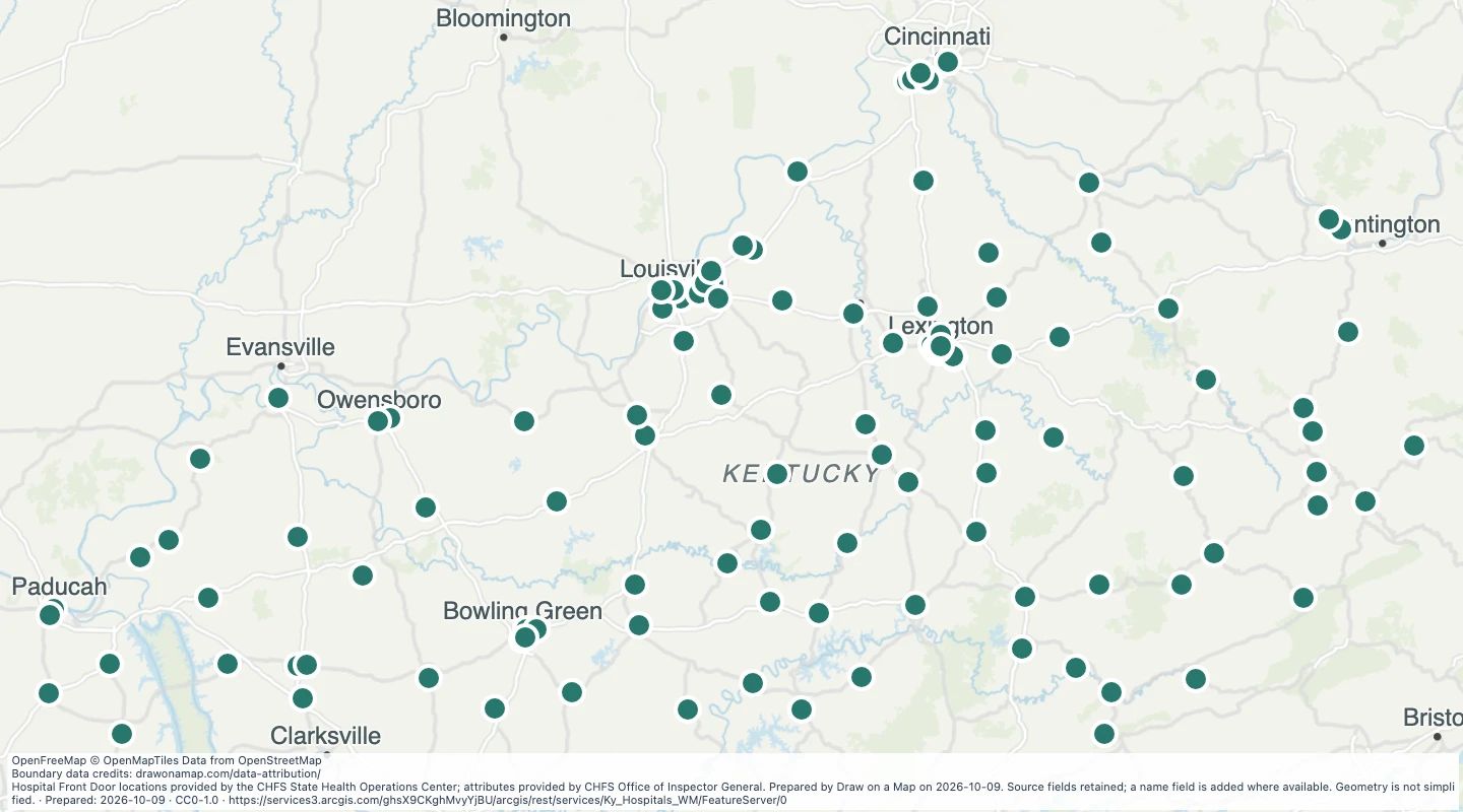 Map preview: Kentucky Hospitals